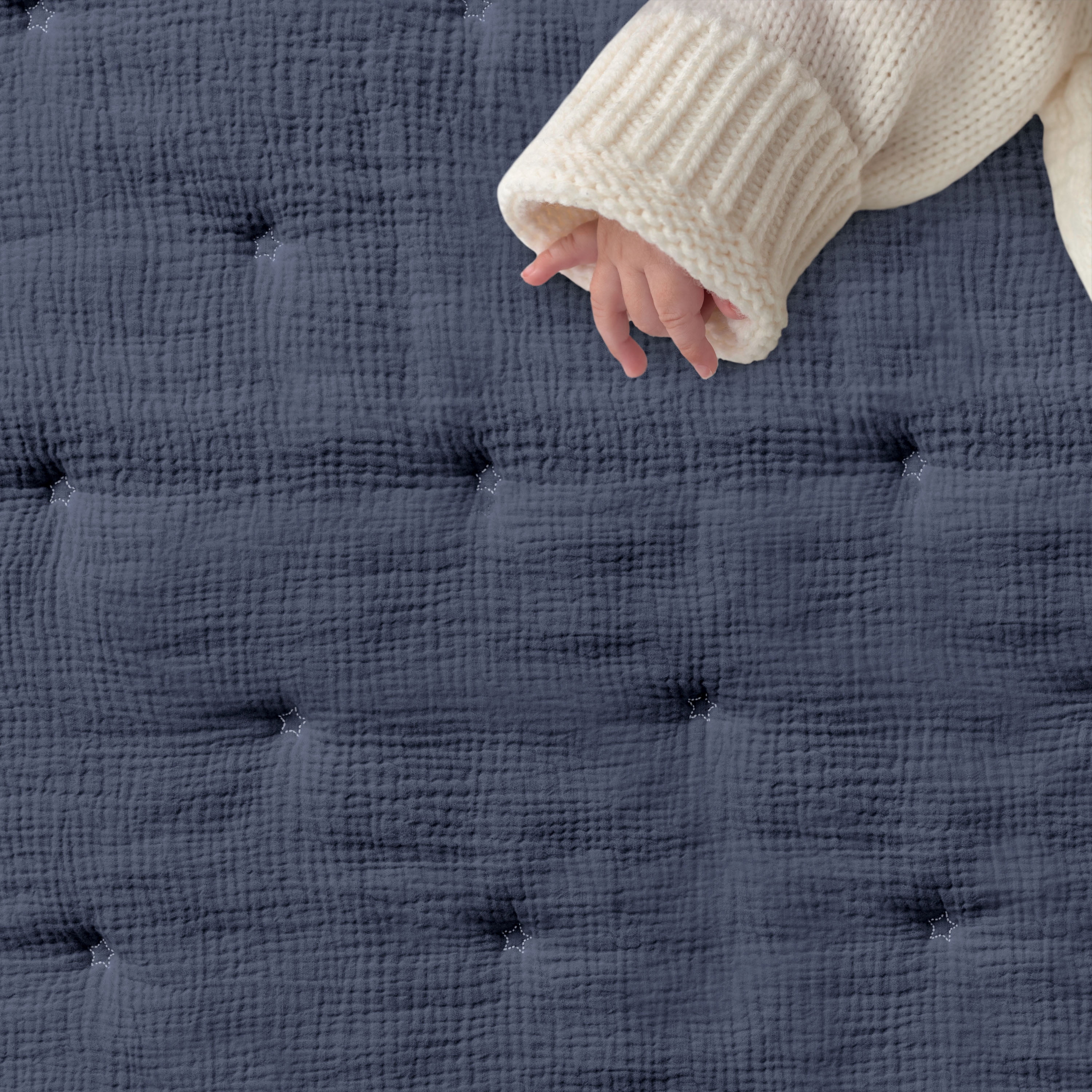 Levtex Baby - Cloud Muslin Crib Bed Set - Baby Nursery Set - Navy and White Stars - Navy Textured Muslin - 5 Piece Set Includes Quilt, Fitted Sheet, Two Swaddles & Bear Lovey