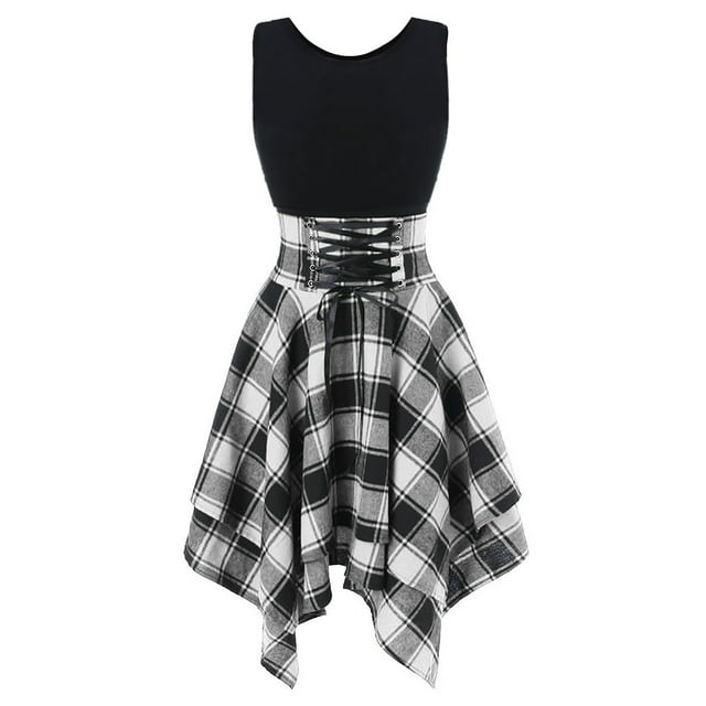 Fridja Femmes Épaule Froide Sans Manches Croiser Plaid Impression Irrégulière Robe