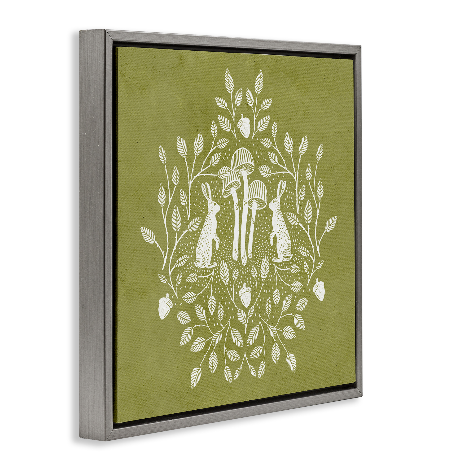 Stupell Industries Olive Green Botanical Rabbits Plants & Flowers Painting Gray Floater Framed Canvas Art Print Wall Art, 25 x 25