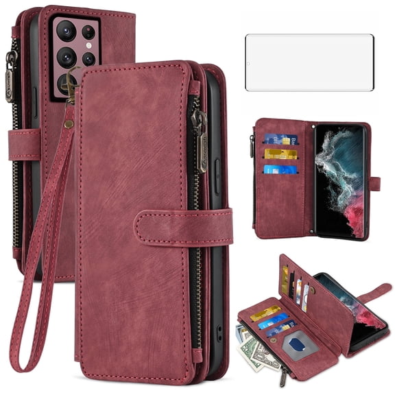 Asuwish Kickstand Hard Shell Wallet Cell Phone Case with Tempered Glass Screen Protector for Samsung Galaxy S22 Ultra, Red