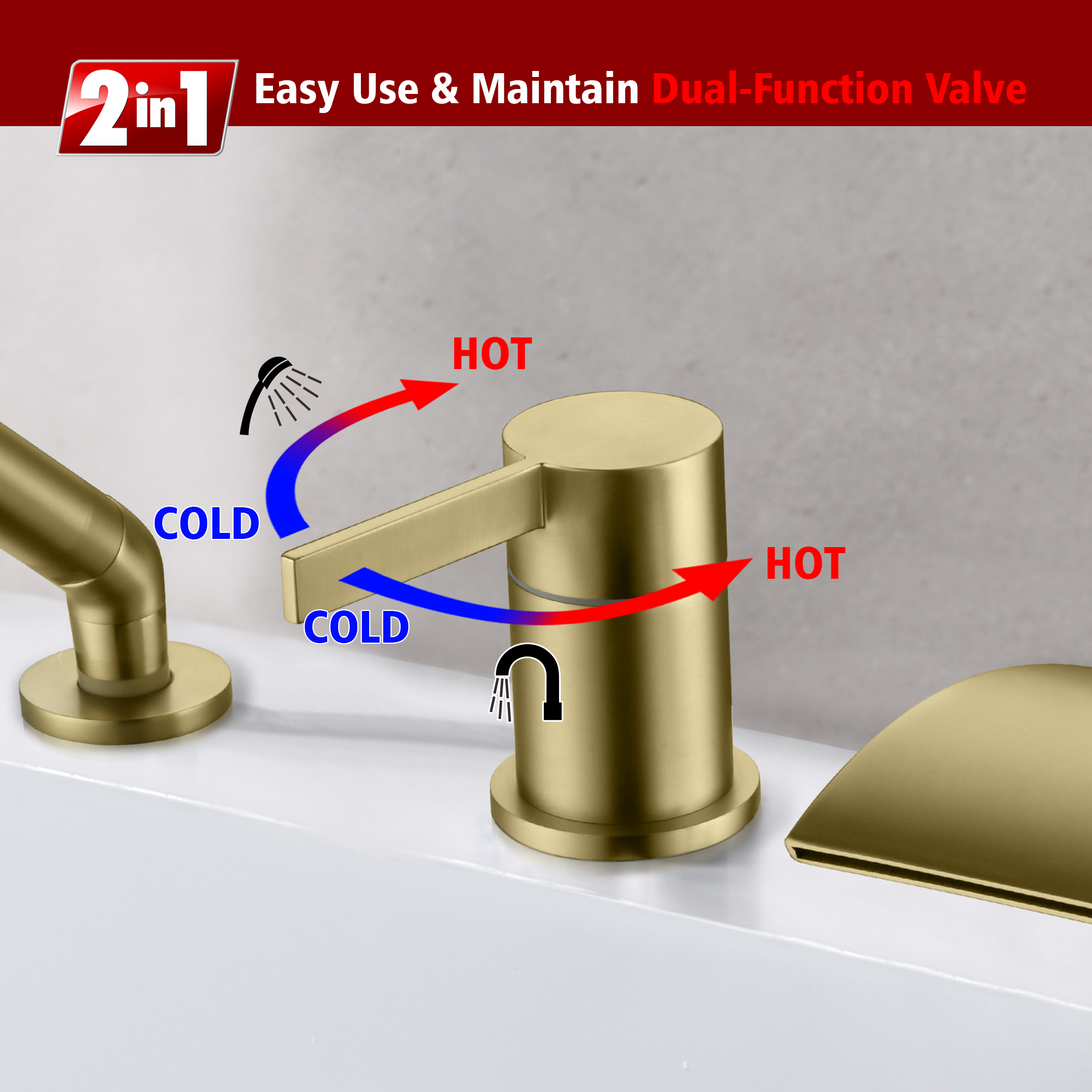 SUMERAIN Waterfall 3 Holes Roman Tub Faucet Brushed Gold, High Flow Bathroom Tub Filler with Handheld Shower
