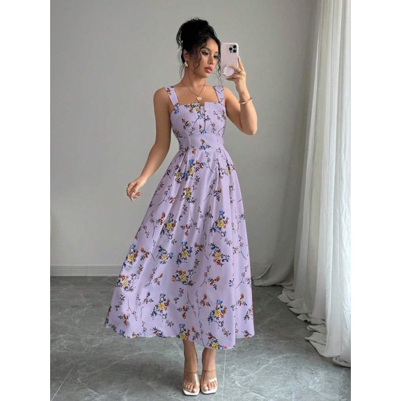 Purple Floral Print Waist-Gathering Pleated A-Line Maxi Dress For Women