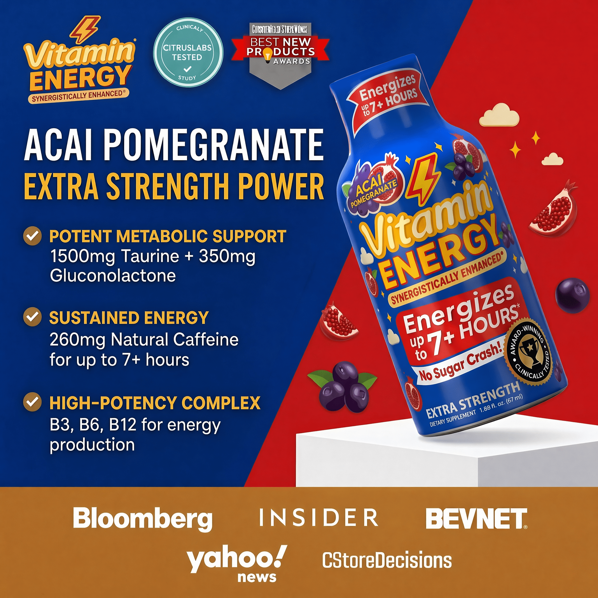 Vitamin Energy Burner+ Extra Strength Shot, Pomegranate Açaí, 24 Pack – 260mg Natural Caffeine, 25mg Ketones & EGCG, Zero Sugar, 1.93 fl oz