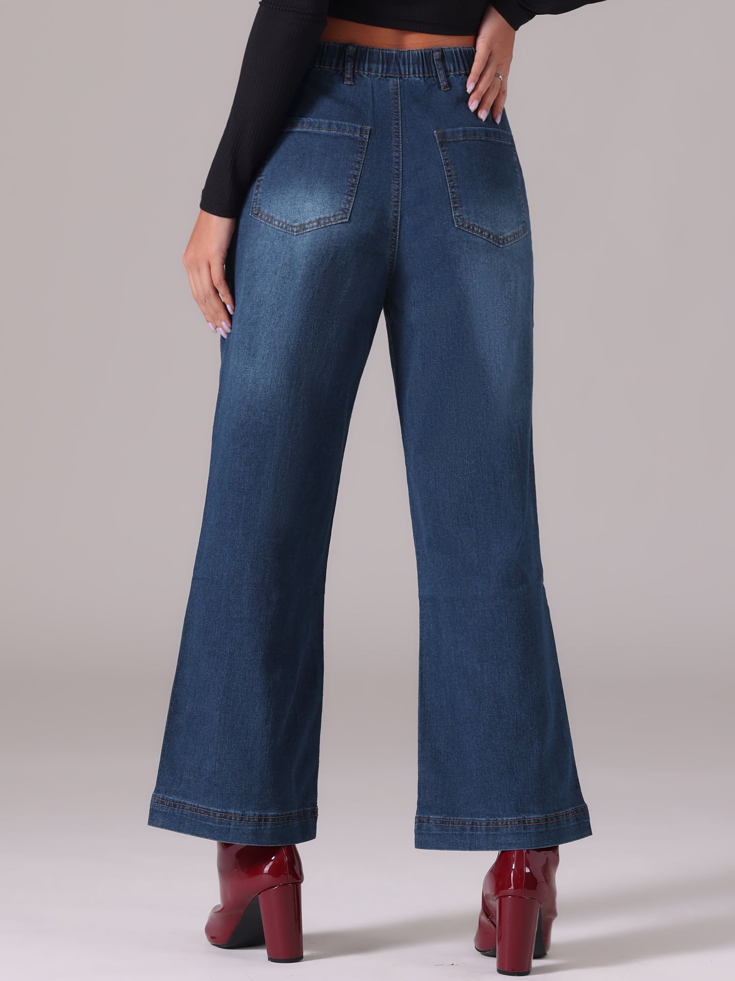 DARING DIVA Women's Wide High Waisted Stretchy Jeans Buttoned Denim Pants S Dark Blue