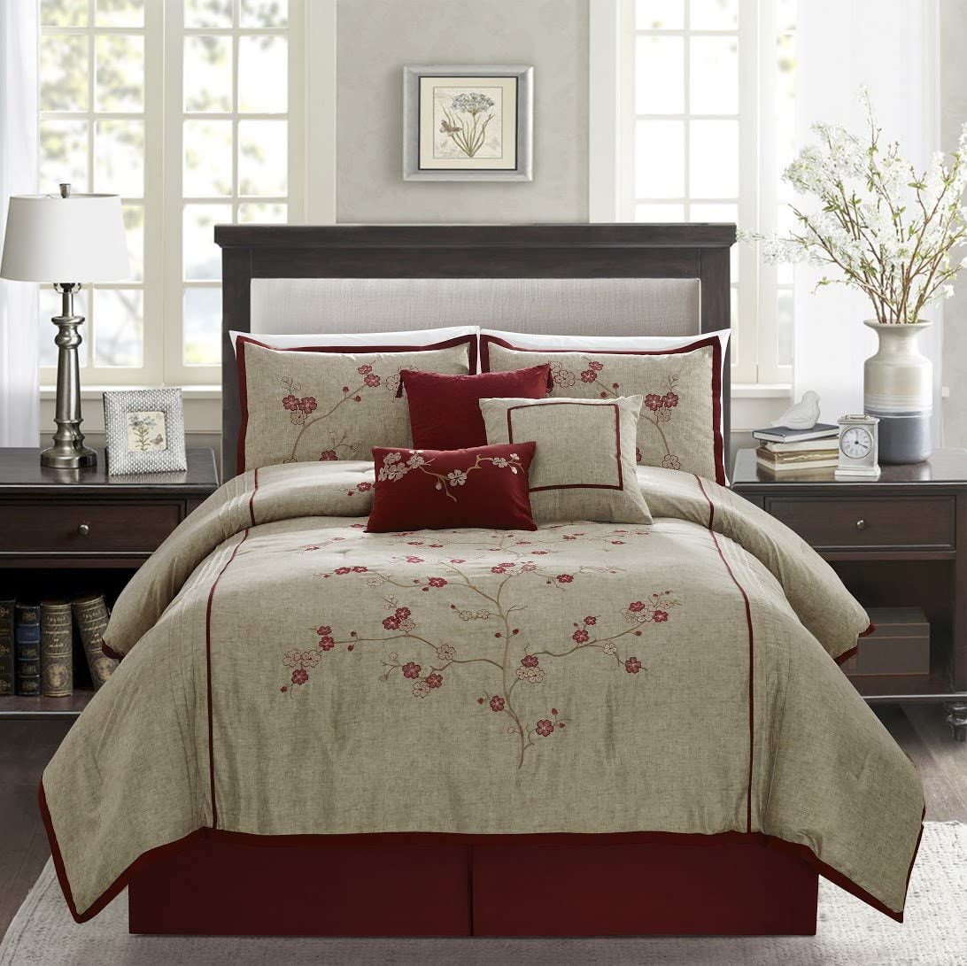 Chezmoi Collection 7piece Luxury Red Cherry Blossoms Floral Embroidery