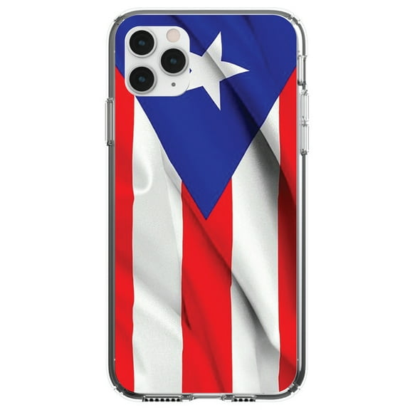 DistinctInk Clear Shockproof Hybrid Case for iPhone 13 Pro MAX (6.7" Screen) - TPU Bumper, Acrylic Back, Tempered Glass Screen Protector - Red White Blue Puerto Rico Flag
