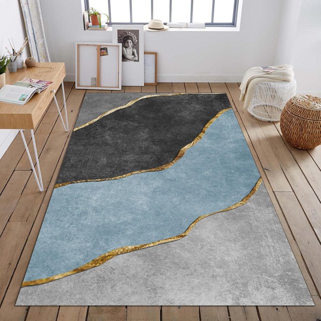 Navy Blue Gold Marble Area Rugs, Modern Mid-Century Black Gray Bedroom Rug, Soft Low Pile Easy Clean Breathable Indoor Rug for Floor Hallway Study Room Living Room, 4x5ft