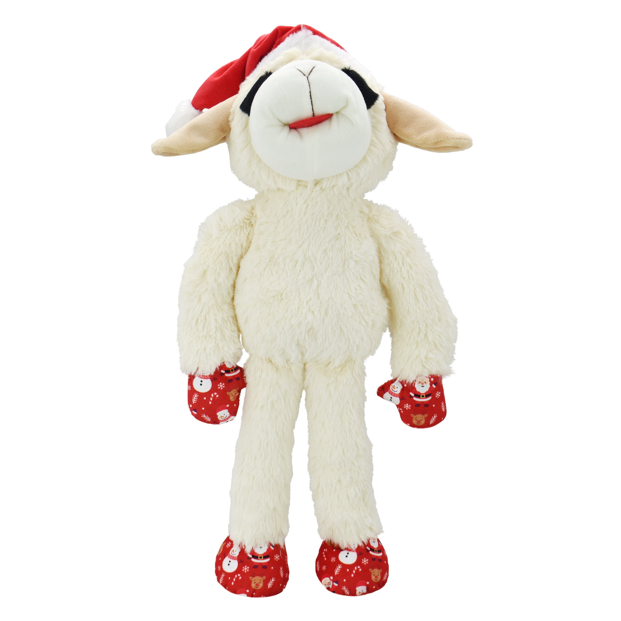 Multipet Plush Jumbo Holiday Lamb Chop Dog Toy, Squeaker, Red and White Holiday Pattern Paws, Santa Hat, 21"