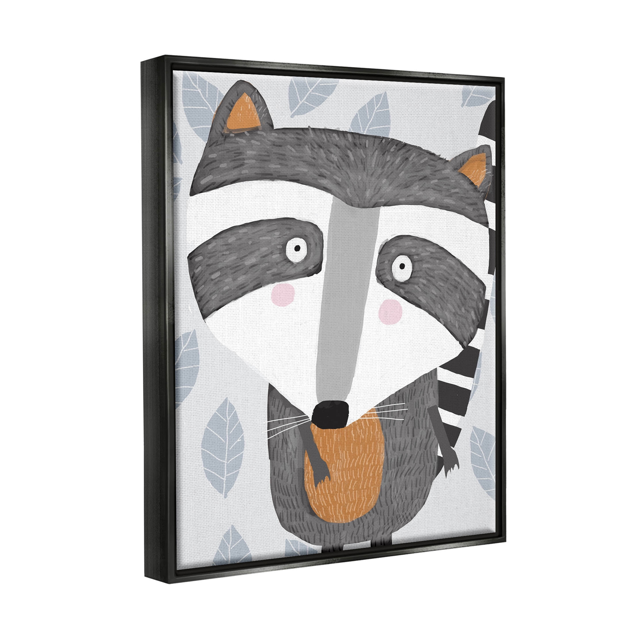 Stupell Industries Raccoon Animal Patterned Leaves Graphic Art Jet Black Floating Framed Canvas Print Wall Art, Design by Carla Daly