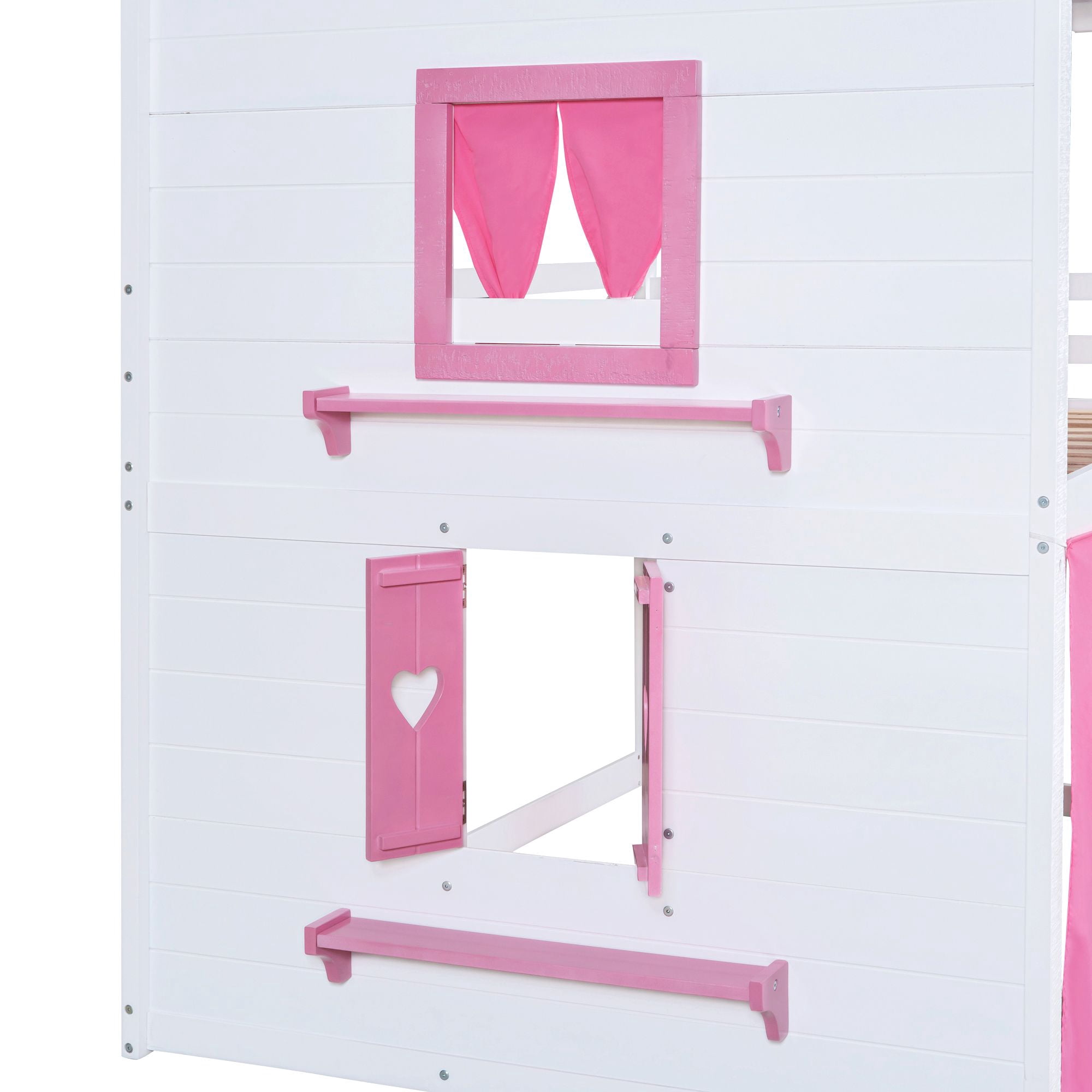 Aukfa Full over Full Bunk Bed with Tent and Roof, Wood Playhouse Bed for Kids, Pink