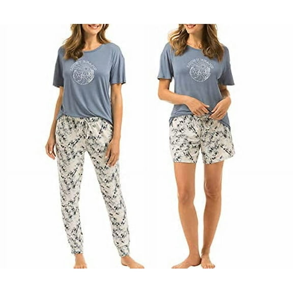 Lucky Brand Women's 3 Piece Pajama Set, Tee, Short and Pant Size: XS, Color: Blue Tie Dye