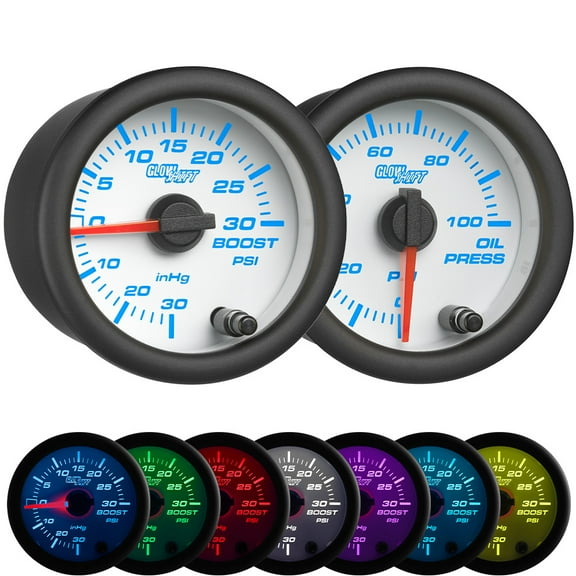 GlowShift | White 7 Color Series Analog 30 PSI Boost Vacuum Gauge and Oil Pressure Gauge Dual Set for Cars and Trucks