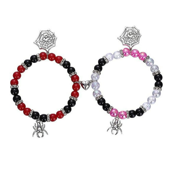 HHBEAUTY Bracelet Araignée d'Halloween Couple Amitié Bracelet Promesse Assortie pour Femmes Hommes Guérison Énergie Cœur Pierre Bracelet Perlé Bracelet Extensible Toile d'Araignée Bracelet Breloque Bijoux Cadeaux 2 Pcs/ensemble