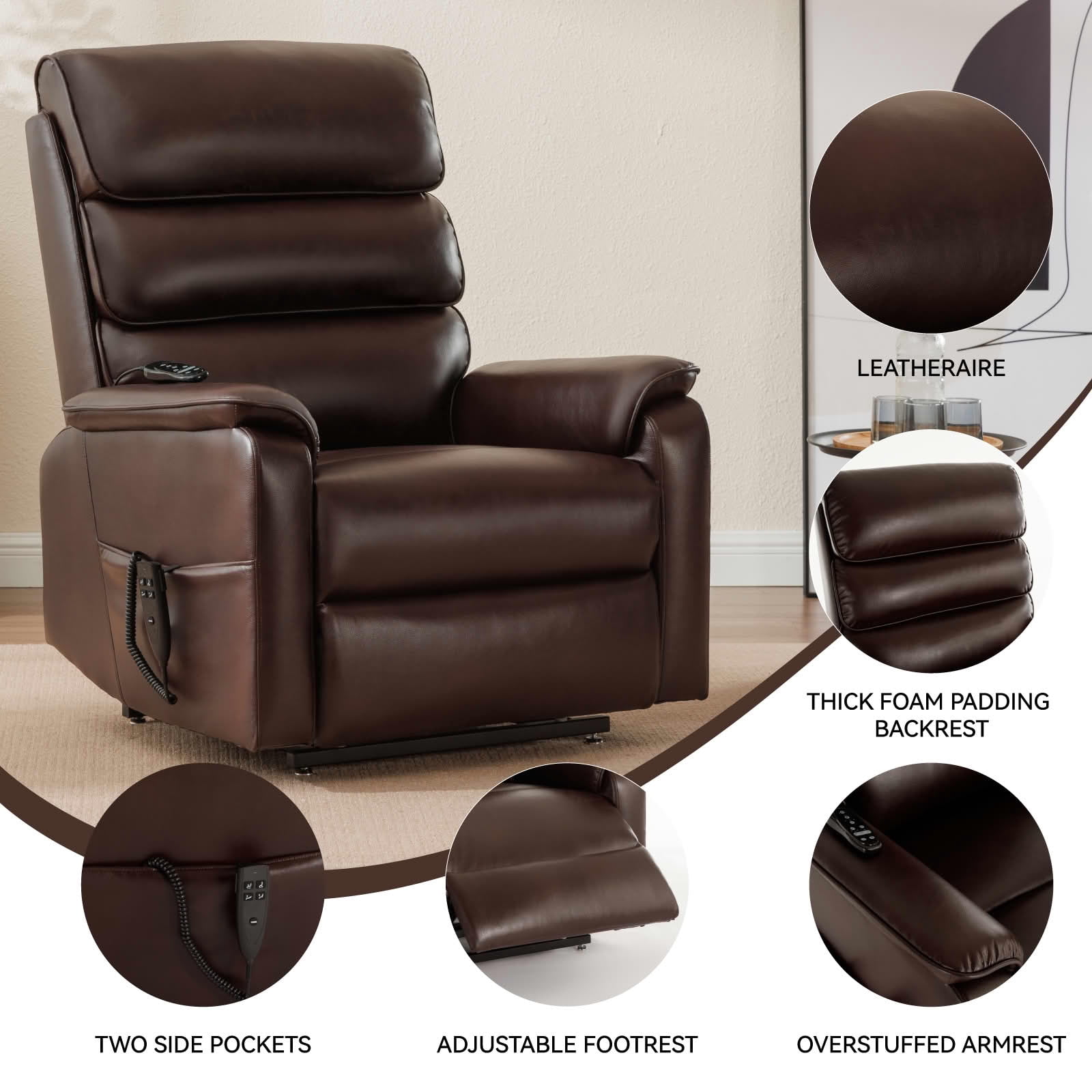 MAYEERTY Brown Dual Motor Power Lift Recliner, 350lbs 180° Infinite Position Heat Massage Chair with Remote Heavy Duty for Home