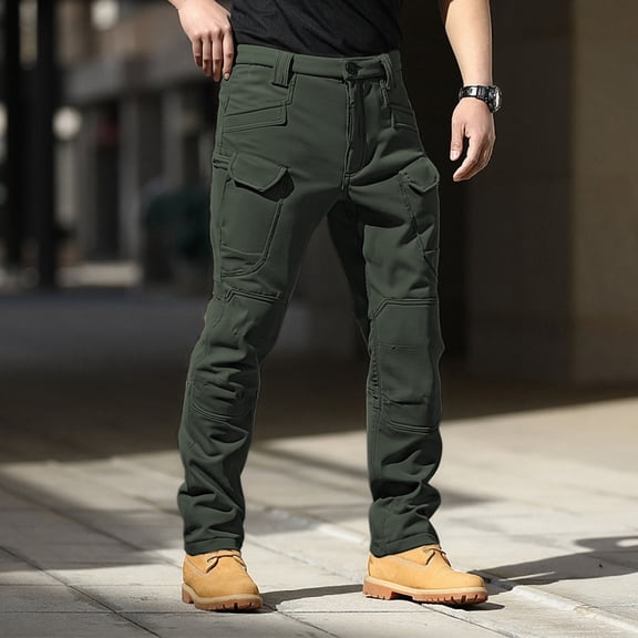 CUZIBR Men Cargo Pants Thick Lined Winter Warm Hiking Trousers Multi Pockets Slim Fit Snowboard Camping Travel Casual Work Ski Snow Pant ,Green,XL