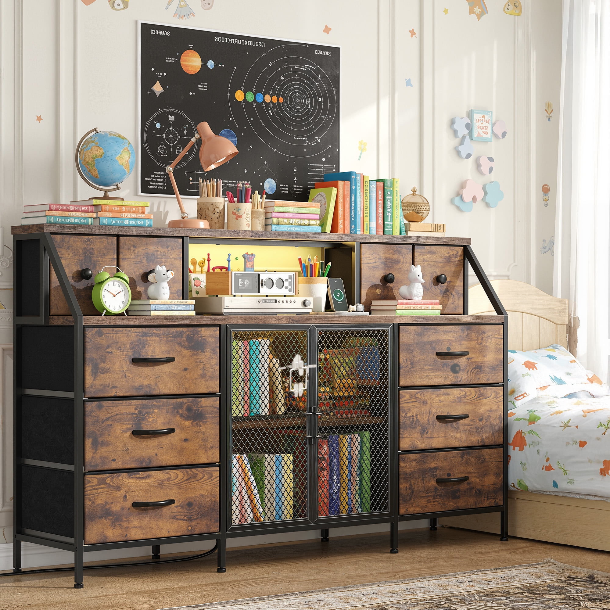 Romorgniz Dresser for Bedroom with 10 Fabric Drawers & Mesh Door 55" Long Dressers & Chest of Drawers with LED Lights & Charging Station for Living Room, Rustic Brown