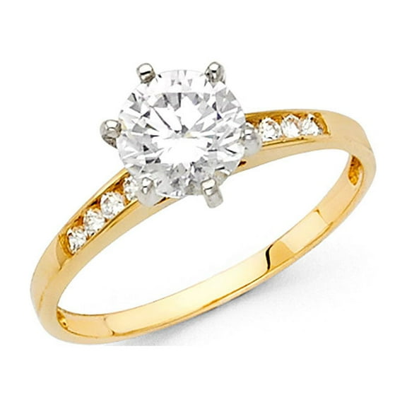 Round Solitaire CZ Engagement Ring 14k Yellow Gold Anniversary CZ Band Channel Set Side Stones Size 7