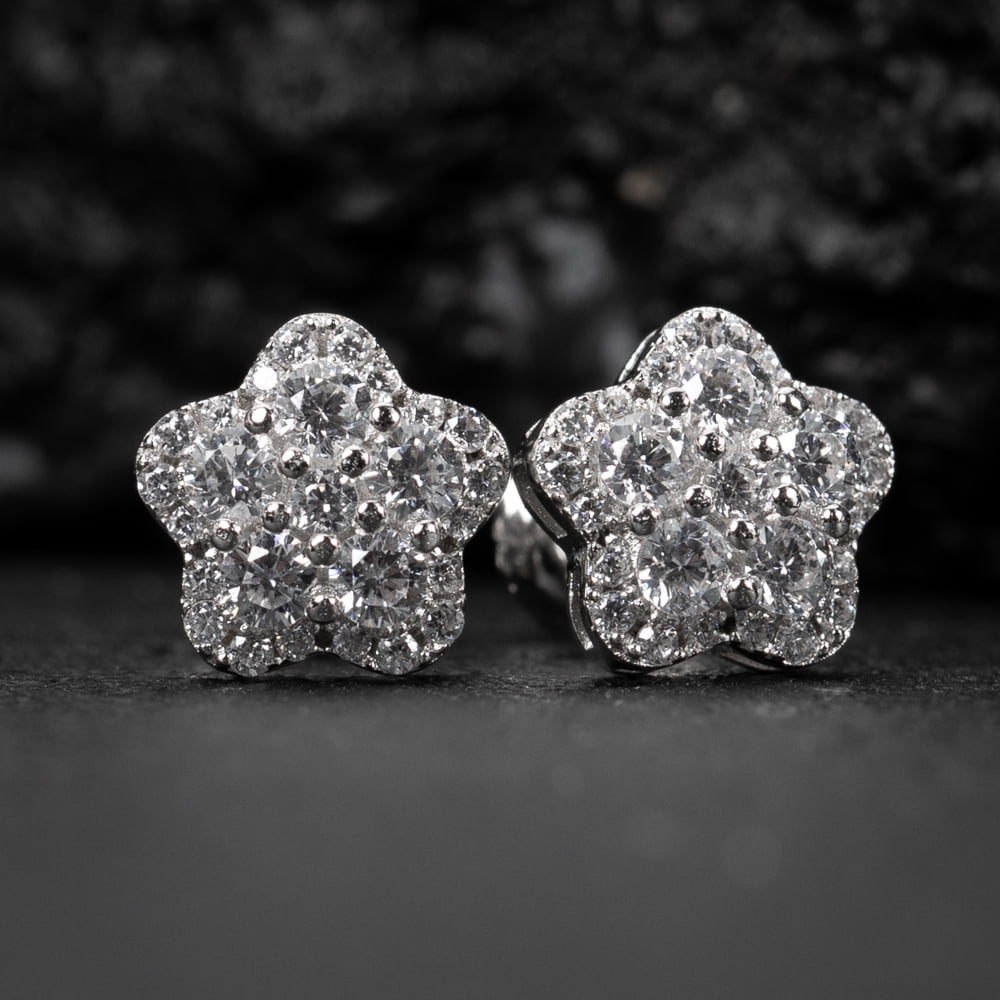 Men's Women's White Gold Sterling Silver Flower Cluster Star Hip Hop Screw Back Stud Earrings