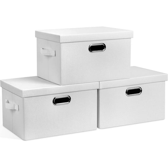 Medium 15" 21 Quart Collapsible Stackable Storage Bins with Lids, 3 Packs White Foldable Fabric Closet Boxes Heavy-duty Linen Cube Baskets Container for Bedroom Office (15 x 11 x 8)