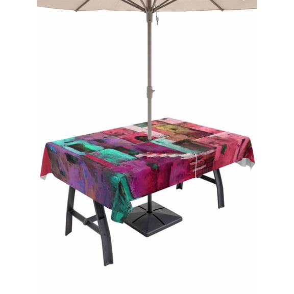 Outdoor Tablecloth with Umbrella Hole and Zipper, Abstract Red Rectangle Table Cloth 52x70 Inch Waterproof Tablecloth, Painting Buildings Geometric Color Block Picnic Table Cover for Patio Camping