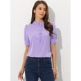 thumbnail image 3 of Top de blusa de trabajo con cuello redondo y mangas cortas con tapeta de medio botón con volantes para mujer Morado Claro XL, 3 of 5