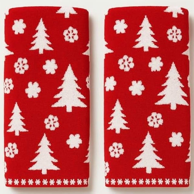 wonima44 Peryiter 2 Pcs Christmas Hand Towels Red Christmas Tree Towels for Bathroom 100% Cotton Highly Absorbent Soft Decorative Kitchen Washcloths for Holiday Xmas Gift Bath Home Decor, 29 x 13 Inch