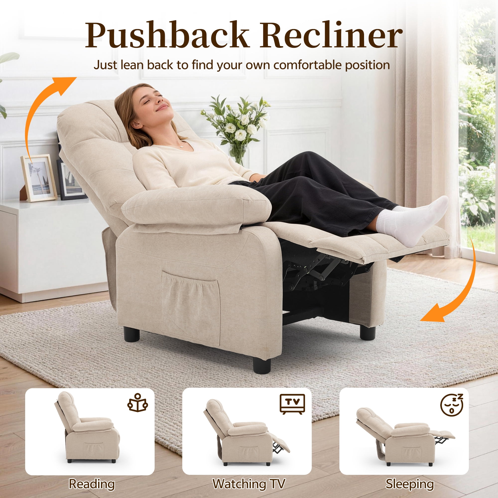 Korser Recliner Chairs for Adults with Fixed Base Push Back Recliner Chair for Living Room,Small Recliner Sofa for Small Spaces,Linen Fabric,Khaki