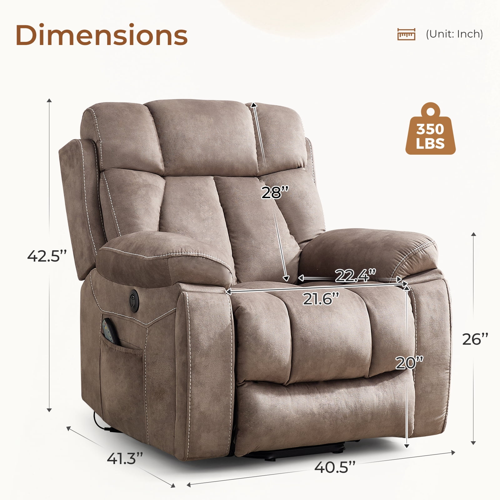 Bonzy Home Oversized Power Lift Recliner — Electric Lift Chair with Massage & Lumbar Heat, USB Port, Cup Holders & Side Pockets, Brown