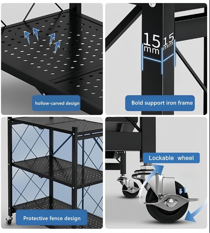 Howcool 5-Tier Heavy Duty Metal Rack Foldable Shelf Organizer, Kitchen Storage Cart with Lockable Wheel