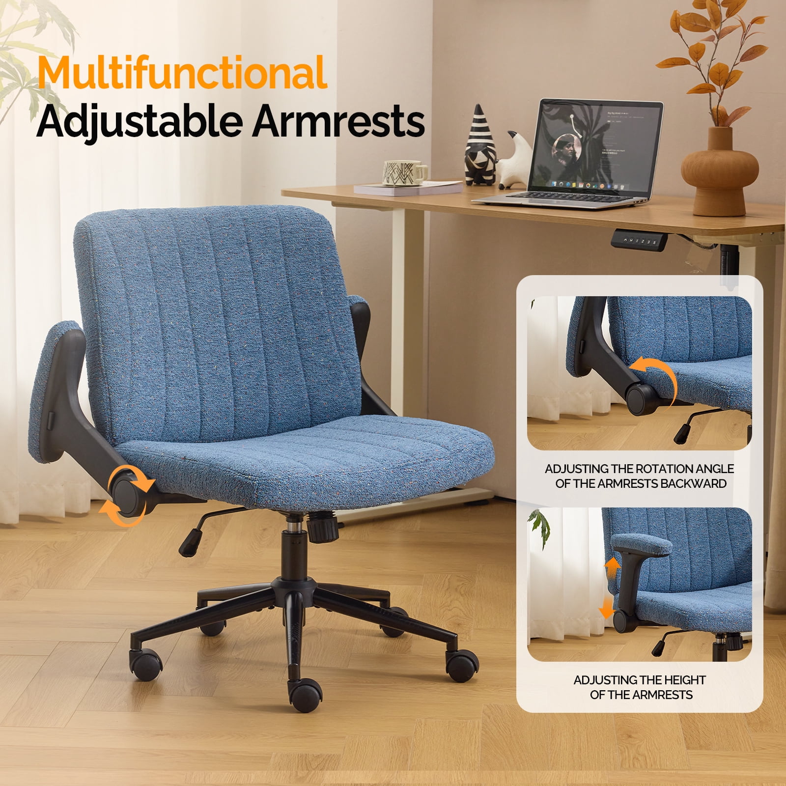 Ktaxon Office Chair, Flip-Top Armrest Desk Chair on Metal Star Base, Starry Chenille Vanity Chair with Adjustable Height & Swivel Wheels Blue