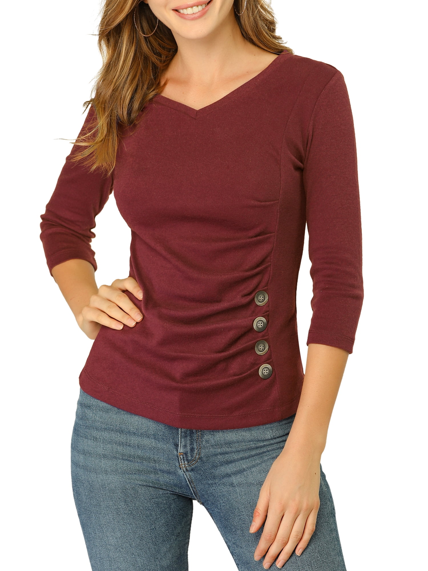 DARING DIVA V Neck Knitted Buttons Decor Ruched Blouse Top S Burgundy