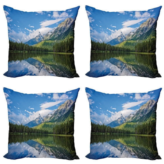 Ambesonne Nature Throw Pillow Cover 4 Pack, Mountain Lake Scenery, 16", Blue White Green