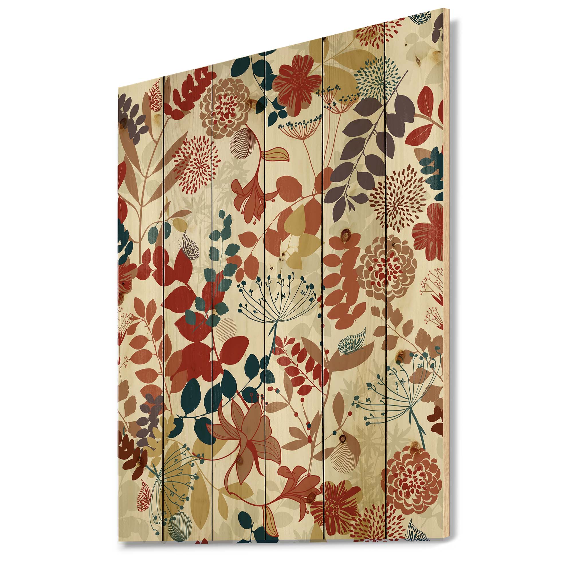 Designart 'Botanical Retro Garden' Bohemian & Eclectic Print on Natural Pine Wood