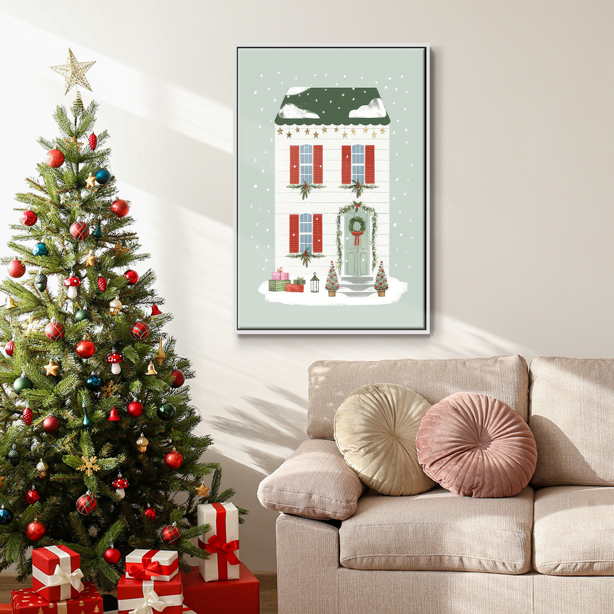 Festive Front Door IV - Framed Gallery Wrapped Holiday Canvas - 17 x 25 - White Frame