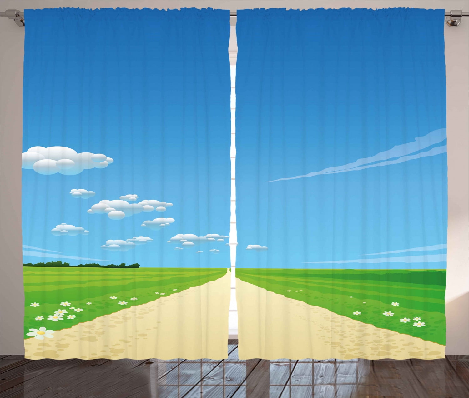 Nature Curtains 2 Panels Set Path Road Background With Bright Sunny Sky Clouds Daisy Flowers Picture Window Drapes For Living Room Bedroom 108w X 90l Inches Sky Blue Green Cream By