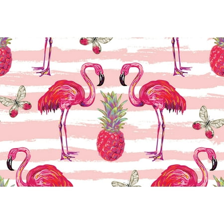 Summer Jungle Tropical Butterfly Pink Flamingo and Pineapple Wallpaper Style Decorative Colorful Pattern Cool Wall Art Print Poster 18x12