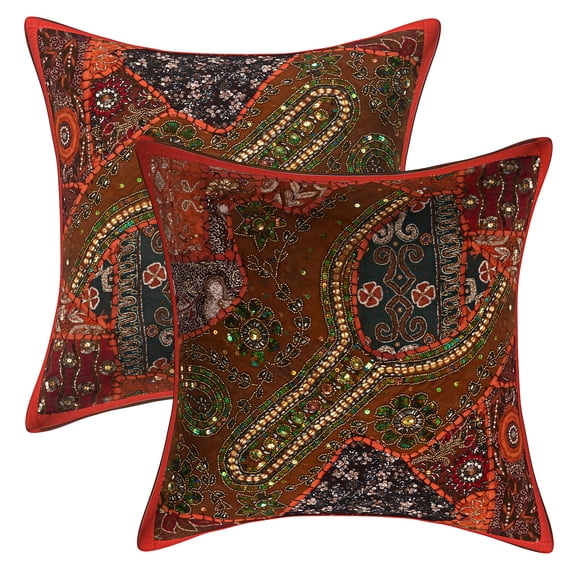 Stylo Culture Indian Cotton Decorative Throw Pillow Covers Orange 16x16 Bohemian Beaded Sequins Patchwork Embroidered Sofa Cushion Covers 40 x 40 cm Living Room Neck Design Pillowcases | Set Of 2