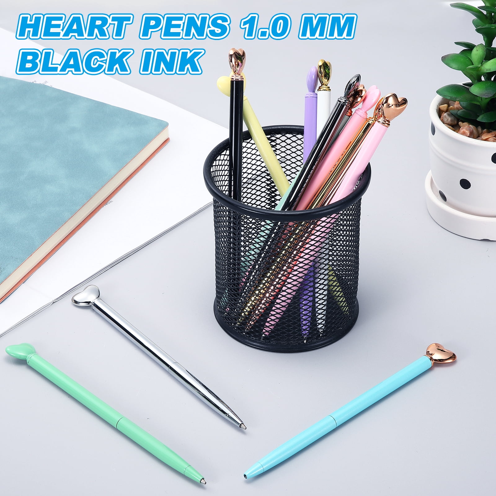 Uxcell Heart Pens 1.0 mm Black Ink, 24 Pcs Metal Cute Pens Heart Ballpoint Retractable for Women Wedding Office Party, Candy Blue/Rose Gold