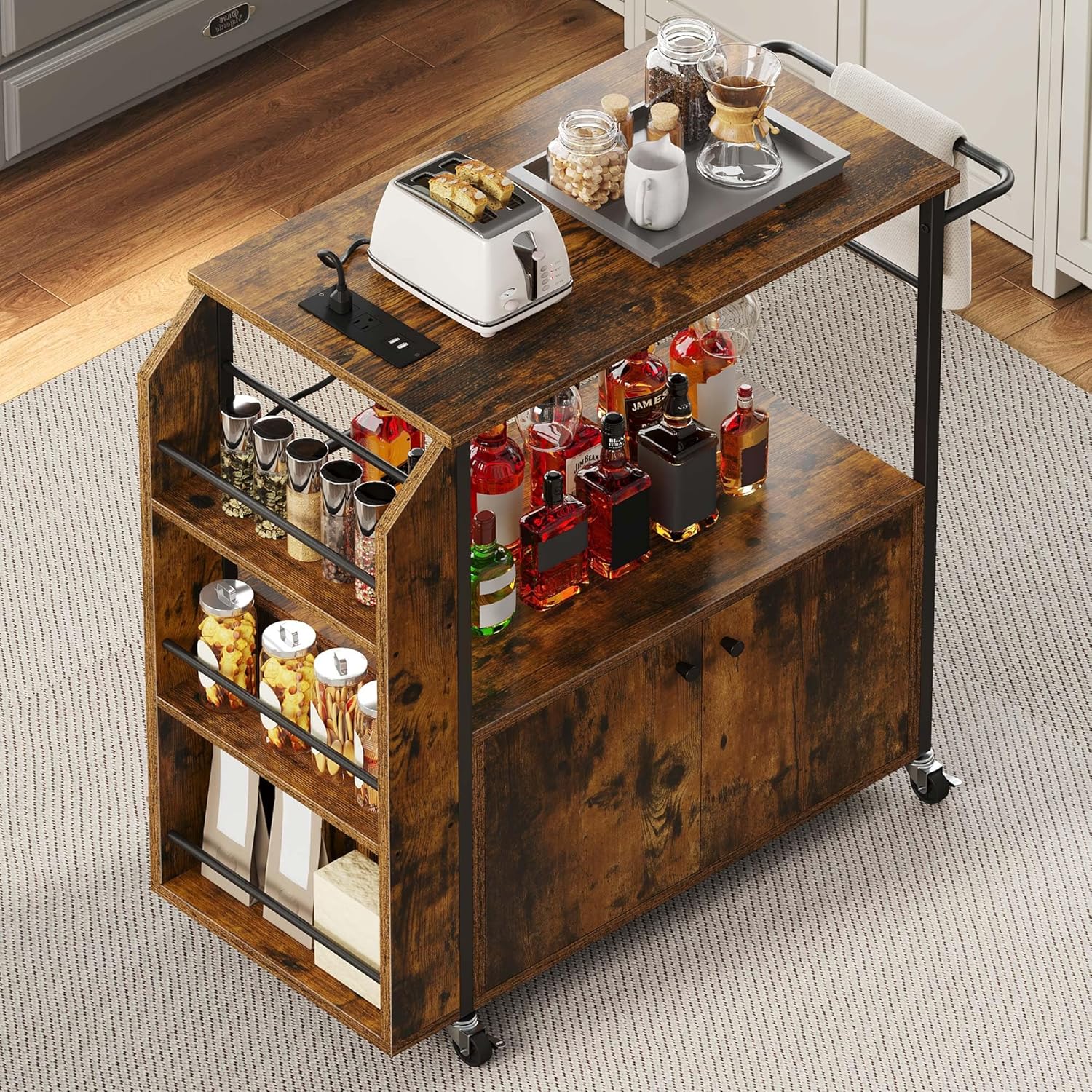Kitchen Island Cart with Power Outlet, 36 Inch Mobile Kitchen Cart with Open Shelves, Rolling Portable Serving Utility Carts on Wheels with Storage for Kitchen, Dining Room, Brown