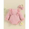 thumbnail image 5 of Musuos Baby Girls Cute Ruffle Romper 3M 6M 9M 12M Long Sleeve Crew Neck Button Up Bodysuit with Headband for Fall Infant Clothes, 5 of 10