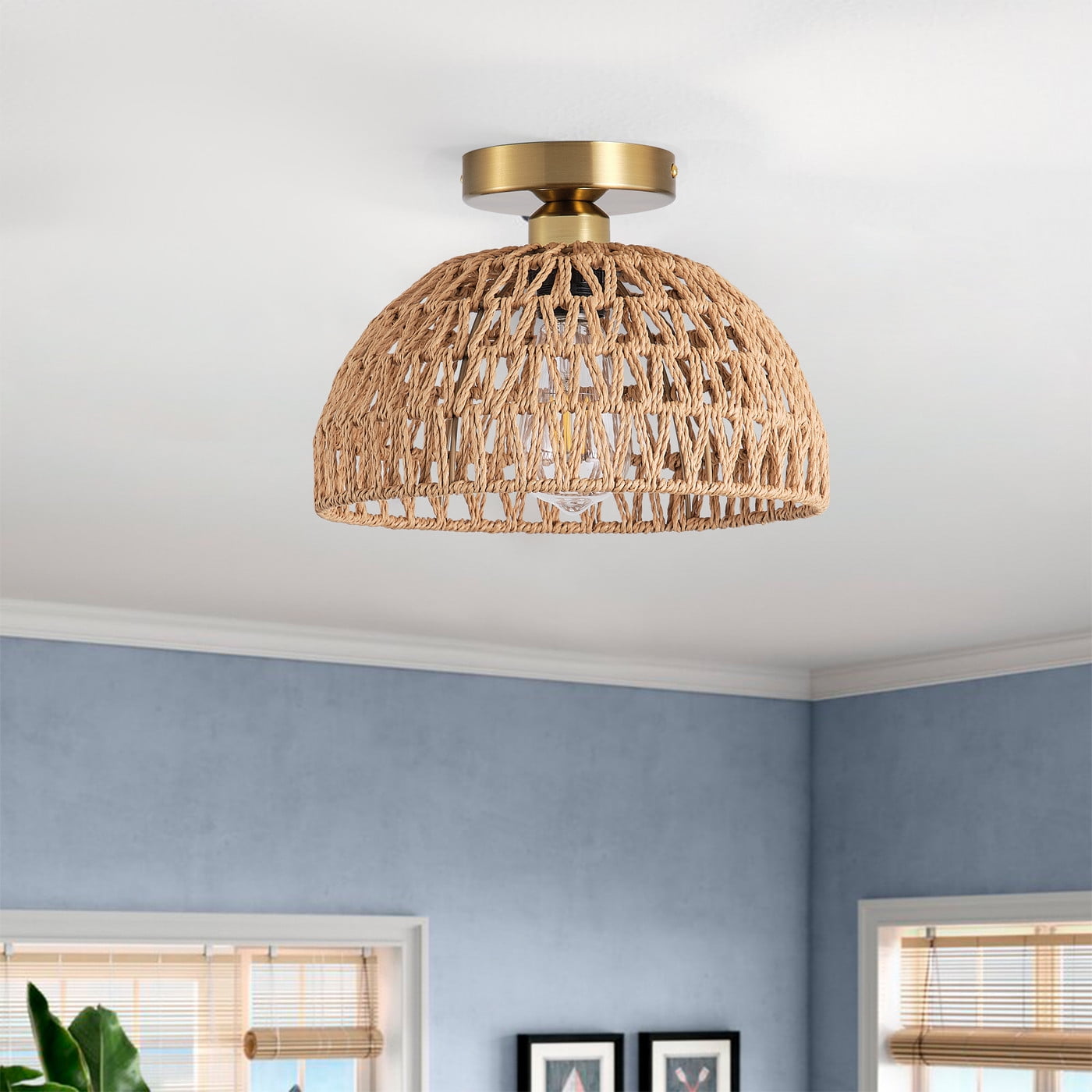 Modern Gold Ceiling Light, Rustic Boho Cage Semi Flush Mount Ceiling Light, Coastal Light Fixture for Bedroom Dining Room Kitchen Foyer Hallway