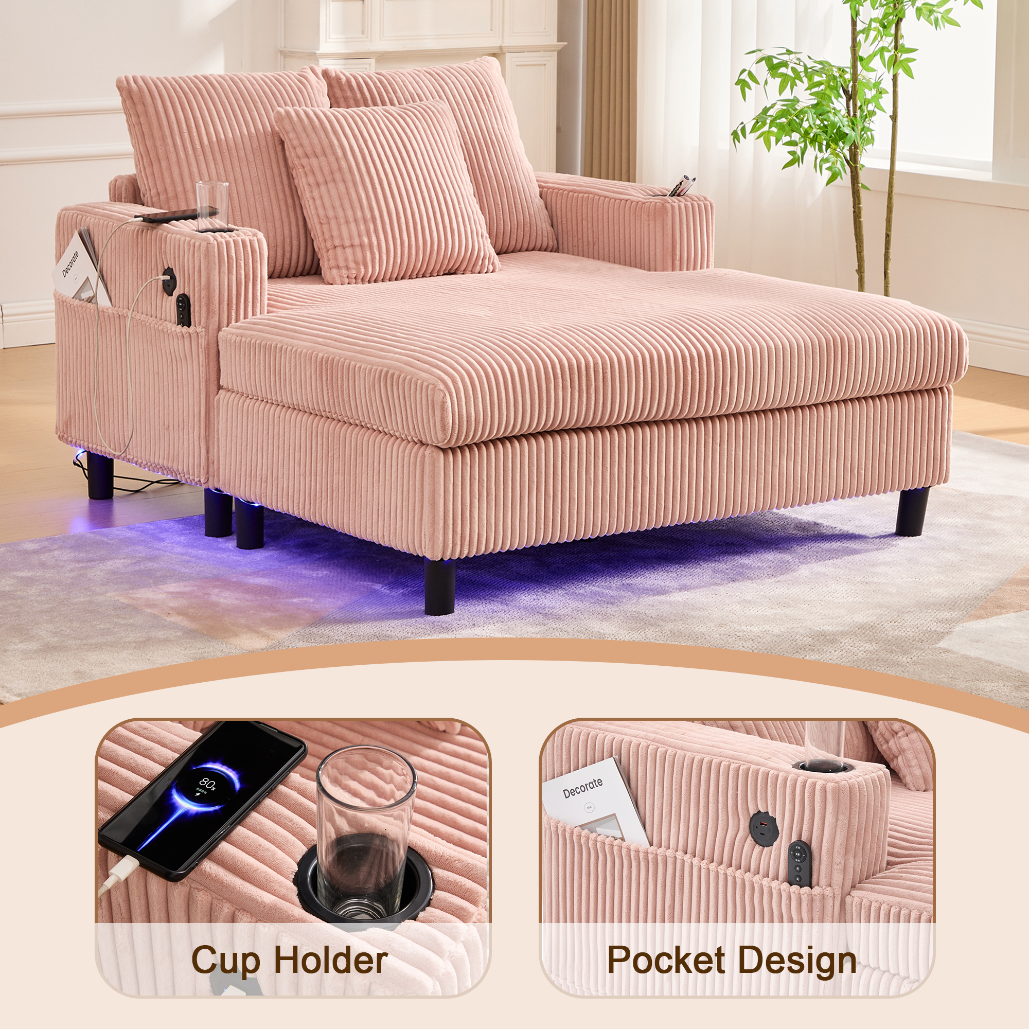 MOONMISS Corduroy Upholstered Oversized RGB LED Light Recliner Sofa Bed with Cup Holder,USB&3 Pillows-Pink