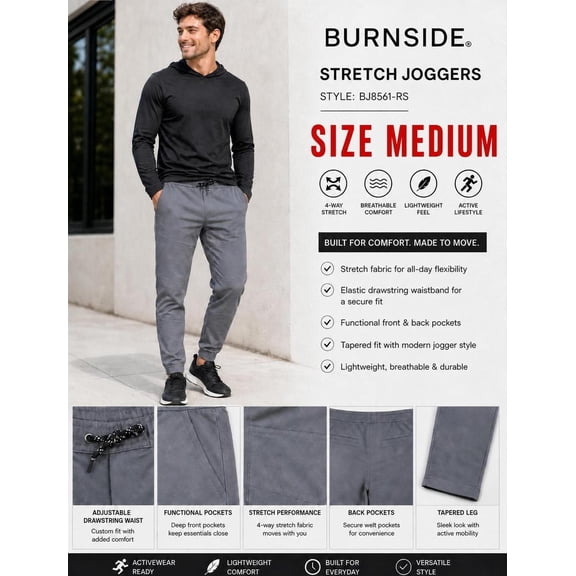 Burnside Men's Gray Slim Fit Stretch Twill Jogger Pant Activewear BJ8561 - M