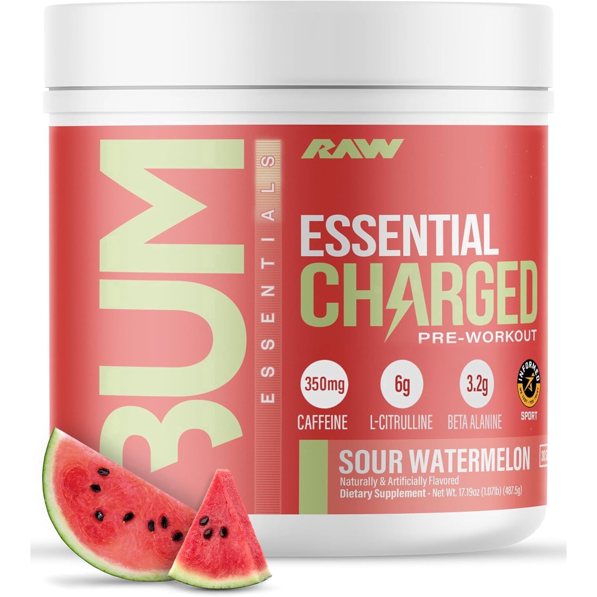 RAW Nutrition Essential Charged Pre Workout Powder with L-Citrulline, Sour Watermelon, 25 Servings