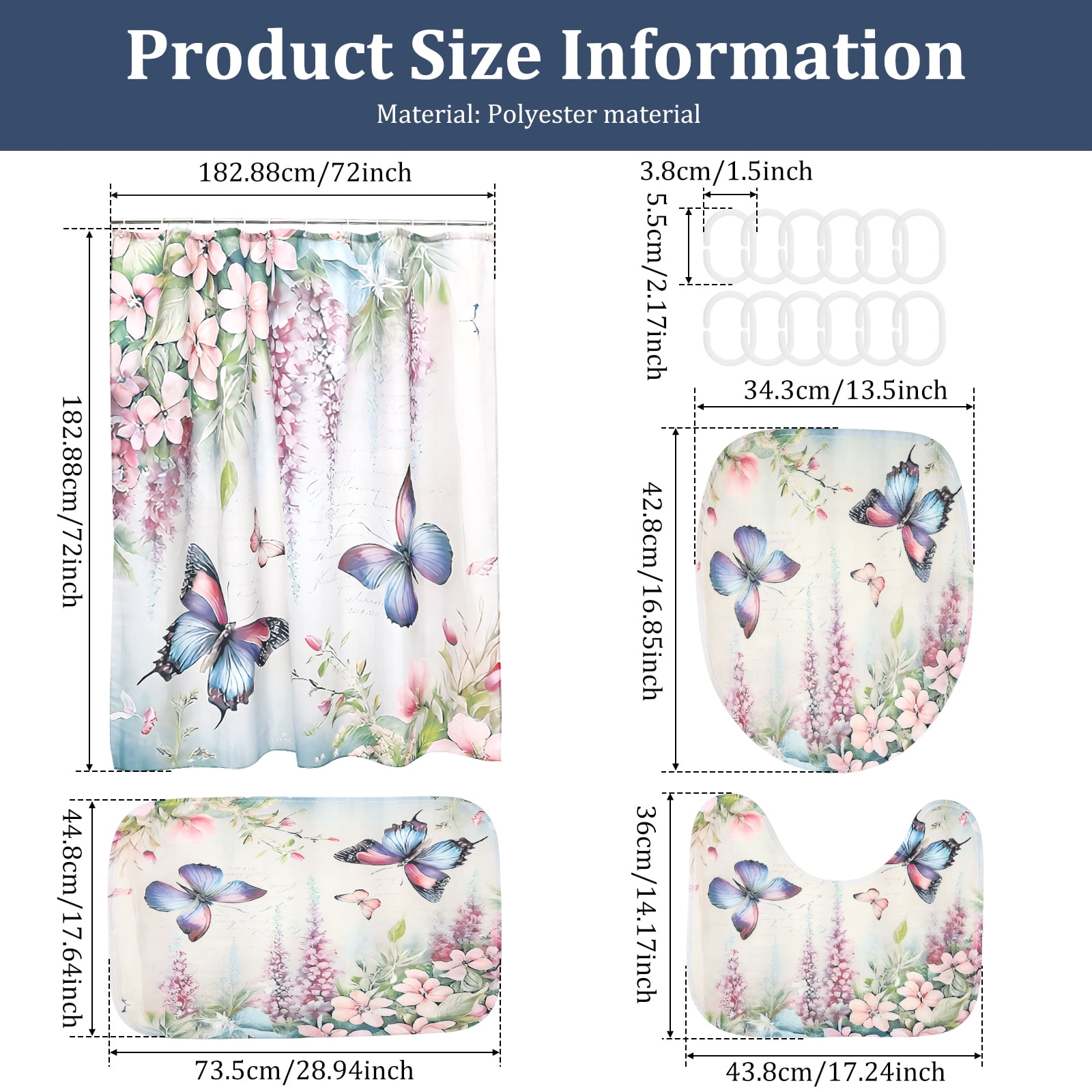 Dznils White Floral Shower Curtain Sets with Rugs, 16pc Butterfly Bathroom Curtain Set, 72" x 72"