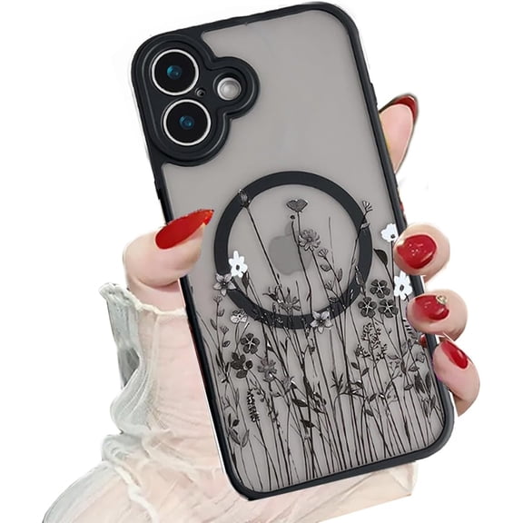Magnetic Case for iPhone 16 Plus, Compatible with MagSafe, Cute Black Floral Pattern Women Girl Case Translucent Forst Clear Back Soft TPU Bumper Shockproof Protective Slim Cover, Wild flower