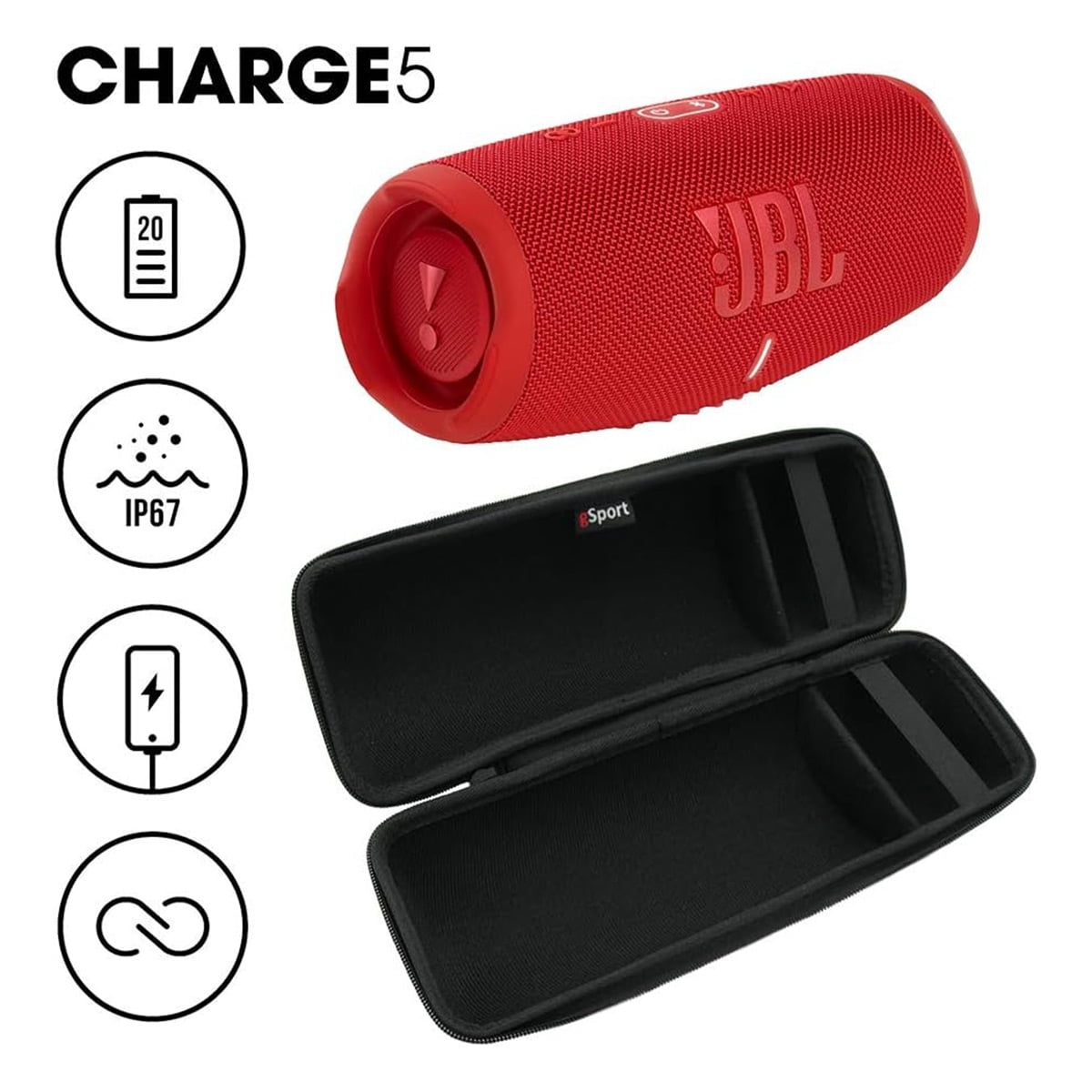 JBL Charge 5 Waterproof Portable Bluetooth Speaker with gSport Carbon Fiber Case (Red)  (图4)