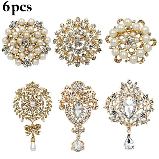 6PCS Brooch Pin Pearl Rhinestone Decor Water Drop Crystal Brooch Corsage Brooch Pin for Wedding