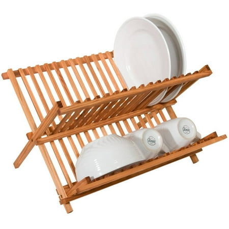 Two Level Folding Kitchen Counter Top Bamboo Dish Rack