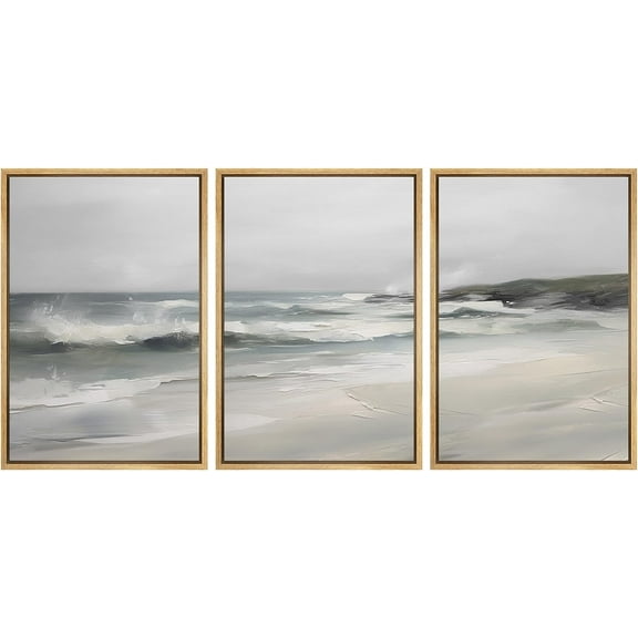 PixonSign Framed Canvas Print Wall Art Set Beach Waves Ocean Horizon Nature Wilderness Fine Art Illustrations Decorative Multicolor Landscape Rustic Country/Farmhouse - 16"x24"x3 Natural